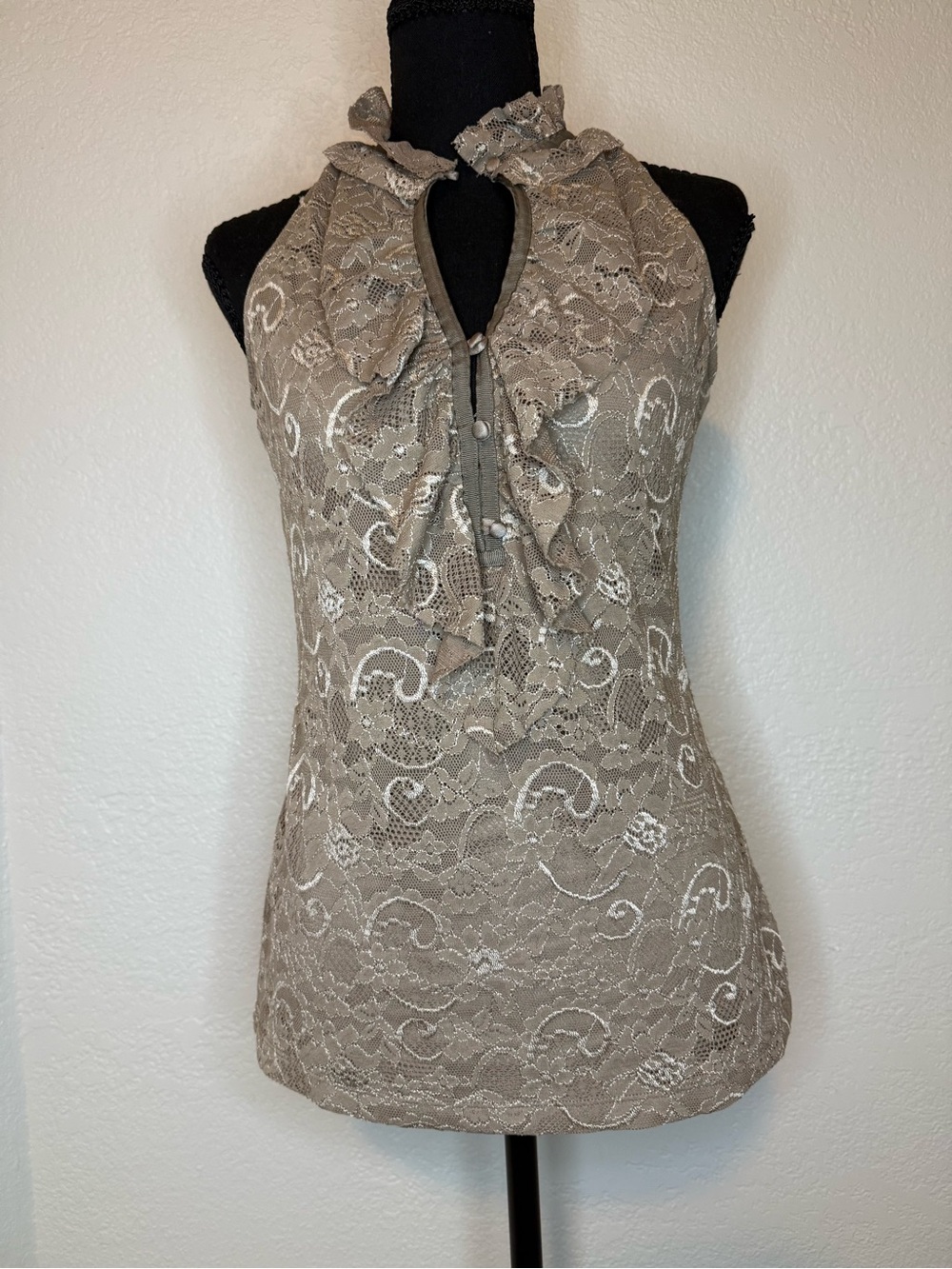 Bisou Bisou Taupe Lace Ruffled Halter Camisole